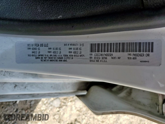 2015 Chrysler 200 Limited with VIN 1C3CCCAB1FN692324, listed as a Copart auction lot 61911005 with 165,181 mi miles and Salvage title. Bid and sale history available at DreamBid. Image 12.