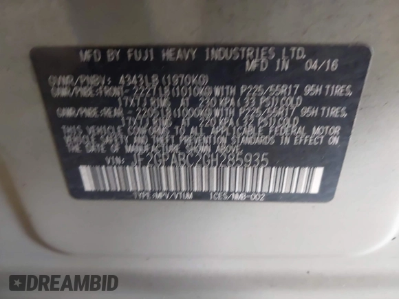 2016 Subaru Crosstrek Premium z VIN JF2GPABC2GH285935, wystawiony jako IAAI lot #41884327 z przebiegiem 180 977 mil mil oraz . Historia ofert i sprzedaży dostępna na DreamBid. Obrazek 9.