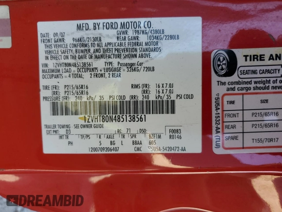 2008 Ford Mustang Deluxe with VIN 1ZVHT80N485138561, listed as a Copart auction lot 58094495 with 181,443 mi miles and Clean title. Bid and sale history available at DreamBid. Image 12.
