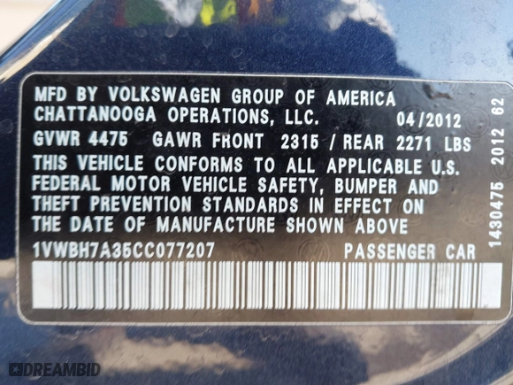 2012 Volkswagen Passat SE w/Sunroof with VIN 1VWBH7A35CC077207, listed as a IAAI auction lot 41351317 with 136,904 mi miles. Bid and sale history available at carsss.com. Image 9.
