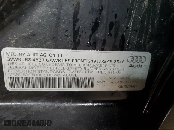 2011 Audi A4 2.0T Premium Plus with VIN WAUFFAFL4BN053318, listed as a Copart auction lot 46365645 with 176,679 mi miles and Salvage Title. Bid and sale history available at carsss.com. Image 12.