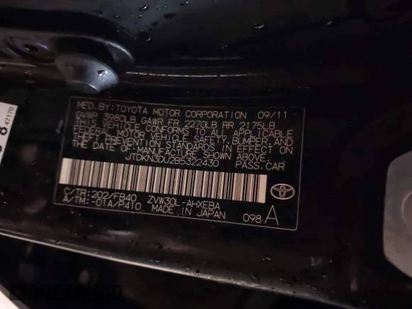 2011 Toyota Prius I with VIN JTDKN3DU2B5322430, listed as a IAAI auction lot 41466240 with Not Provided miles and . Bid and sale history available at DreamBid. Image 9.