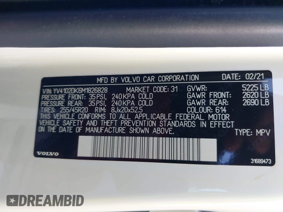 2021 Volvo XC60 Momentum with VIN YV4102DK6M1826828, listed as a IAAI auction lot 40603154 with 58,124 mi miles and . Bid and sale history available at DreamBid. Image 9.