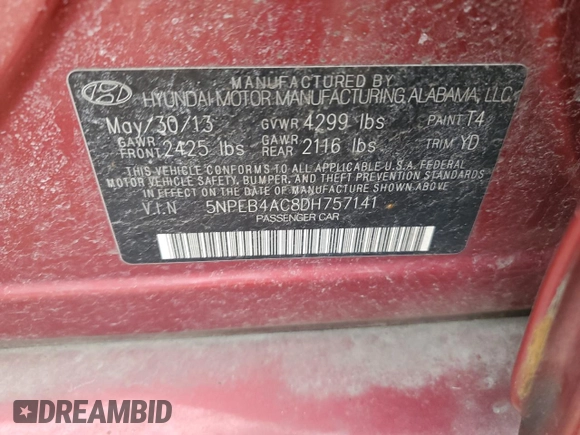 2013 Hyundai Sonata GLS z VIN 5NPEB4AC8DH757141, wystawiony jako Copart lot #50408525 z przebiegiem 143 875 mil mil oraz Szkoda całkowita • Salvage title. Historia ofert i sprzedaży dostępna na DreamBid. Obrazek 12.