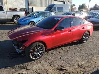 2021 Infiniti Q50 Red Sport 400 with VIN JN1FV7DR2MM880035, listed as a Copart auction lot 79927014 with 21,186 mi miles and Salvage Title. Bid and sale history available at carsss.com. Image 1.