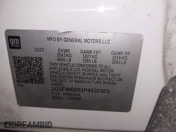 2023 Chevrolet Bolt EV 1LT with VIN 1G1FW6S01P4132303, listed as a IAAI auction lot 41585342 with 43,955 mi miles and . Bid and sale history available at DreamBid. Image 9.
