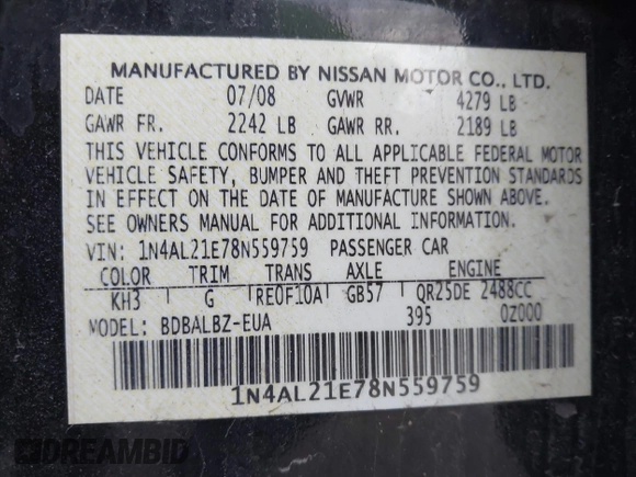 2008 Nissan Altima 2.5 SL with VIN 1N4AL21E78N559759, listed as a IAAI auction lot 41822280 with 175,100 mi miles. Bid and sale history available at carsss.com. Image 9.