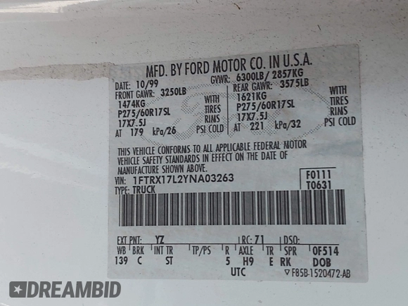 2000 Ford F-150 XL with VIN 1FTRX17L2YNA03263, listed as a IAAI auction lot 42326528 with Not provided miles and . Bid and sale history available at DreamBid. Image 9.