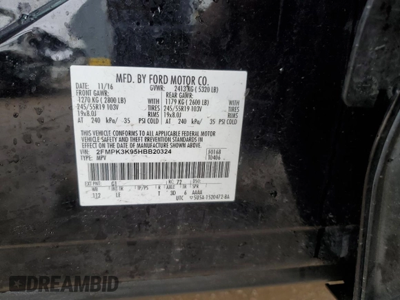 2017 Ford Edge Titanium z VIN 2FMPK3K95HBB20324, wystawiony jako Copart lot #43431055 z przebiegiem 108 006 mil mil oraz Szkoda całkowita • Salvage title. Historia ofert i sprzedaży dostępna na DreamBid. Obrazek 15.
