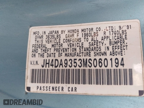 1991 Acura Integra with VIN JH4DA9353MS060194, listed as a IAAI auction lot 41992716 with 232,450 mi miles and . Bid and sale history available at DreamBid. Image 9.