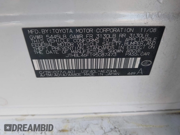 2009 Lexus LS 460 z VIN JTHBL46F195087473, wystawiony jako IAAI lot #42107317 z przebiegiem 183 264 mil mil oraz . Historia ofert i sprzedaży dostępna na DreamBid. Obrazek 9.