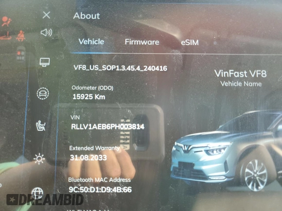 2023 VinFast VF 8 Eco z VIN RLLV1AEB6PH003814, wystawiony jako Copart lot #75715194 z przebiegiem 15 925 mil mil oraz Szkody całkowita. Historia ofert i sprzedaży dostępna na DreamBid. Obrazek 9.