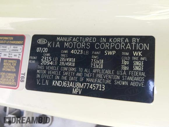 2021 Kia Soul GT-Line with VIN KNDJ63AU8M7745713, listed as a IAAI auction lot 41403799 with 87,562 mi miles and . Bid and sale history available at DreamBid. Image 9.