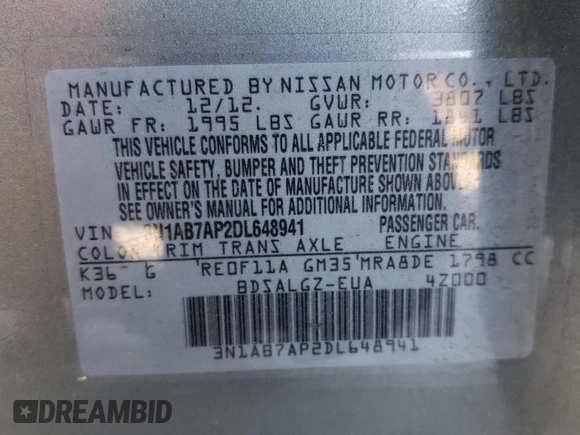 2013 Nissan Sentra SL with VIN 3N1AB7AP2DL648941, listed as a Copart auction lot 50247175 with 136,022 mi miles and Salvage Title. Bid and sale history available at DreamBid. Image 14.