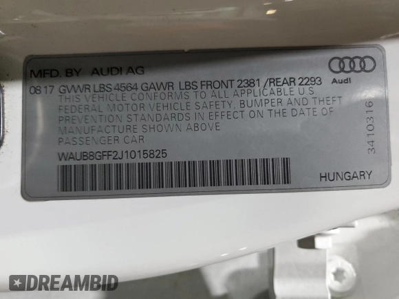 2018 Audi A3 Sedan Premium with VIN WAUB8GFF2J1015825, listed as a Copart auction lot 37130724 with 56,888 mi miles. Bid and sale history available at carsss.com. Image 12.