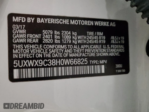 2017 BMW X3 xDrive28i with VIN 5UXWX9C38H0W66825, listed as a Copart auction lot 86734694 with 99,251 mi miles and Salvage Title. Bid and sale history available at DreamBid. Image 12.