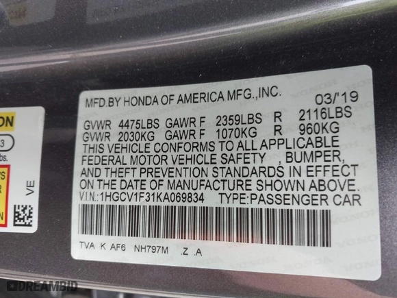 2019 Honda Accord Sedan Sport 1.5T with VIN 1HGCV1F31KA069834, listed as a IAAI auction lot 41914021 with 124,914 mi miles. Bid and sale history available at carsss.com. Image 9.