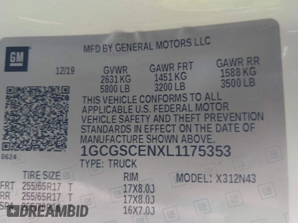 2020 Chevrolet Colorado 2WD LT with VIN 1GCGSCENXL1175353, listed as a IAAI auction lot 42224175 with 73,104 mi miles and . Bid and sale history available at DreamBid. Image 9.