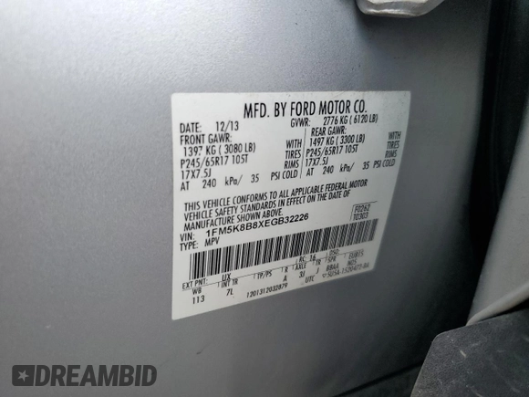 2014 Ford Explorer с VIN 1FM5K8B8XEGB32226, выставлен на аукционе Copart как лот 62714645 с пробегом Не указан миль и Списание • Salvage title. История ставок и продаж доступна на DreamBid. Изображение 13.