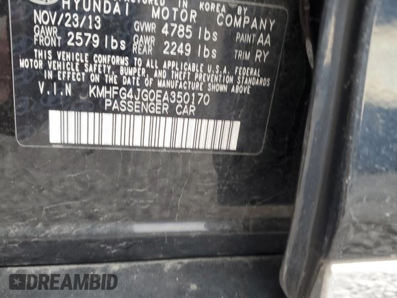2014 Hyundai Azera with VIN KMHFG4JG0EA350170, listed as a Copart auction lot 80905414 with 187,937 mi miles and Salvage title. Bid and sale history available at DreamBid. Image 12.