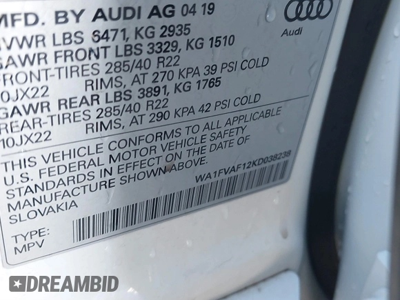 2019 Audi Q8 Prestige z VIN WA1FVAF12KD038238, wystawiony jako IAAI lot #41740092 z przebiegiem 55 699 mil mil oraz . Historia ofert i sprzedaży dostępna na DreamBid. Obrazek 9.