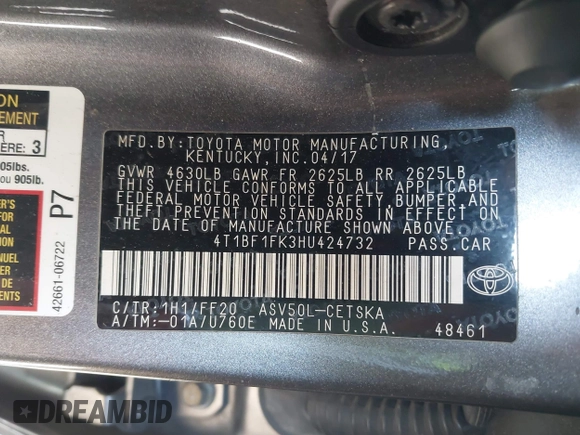 2017 Toyota Camry XLE z VIN 4T1BF1FK3HU424732, wystawiony jako IAAI lot #41684988 z przebiegiem 142 245 mil mil oraz . Historia ofert i sprzedaży dostępna na DreamBid. Obrazek 9.