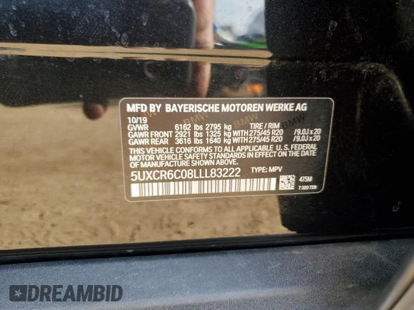 2020 BMW X5 xDrive40i with VIN 5UXCR6C08LLL83222, listed as a Copart auction lot 58377955 with 38,854 mi miles and Salvage title. Bid and sale history available at DreamBid. Image 13.