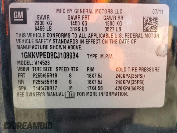 2012 GMC Acadia SLE z VIN 1GKKVPED8CJ108934, wystawiony jako Copart lot #50188165 z przebiegiem 191 610 mil mil oraz Szkoda całkowita • Salvage title. Historia ofert i sprzedaży dostępna na DreamBid. Obrazek 15.