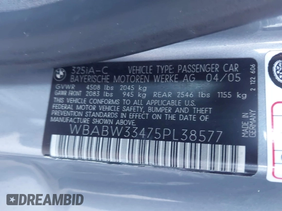 2005 BMW 3 Series 325Ci with VIN WBABW33475PL38577, listed as a IAAI auction lot 41734505 with 69,238 mi miles and . Bid and sale history available at carsss.com. Image 9.