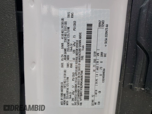2024 Ford Transit Cargo with VIN 1FTBR1Y82RKA68798, listed as a Copart auction lot 51338075 with 8,653 mi miles and Clean title. Bid and sale history available at DreamBid. Image 14.