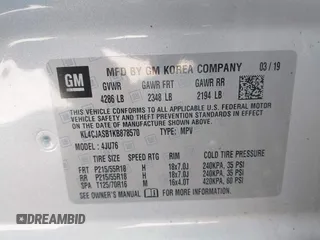 2019 Buick Encore Preferred with VIN KL4CJASB1KB878570, listed as a IAAI auction lot 41797551 with 82,160 mi miles and . Bid and sale history available at carsss.com. Image 9.