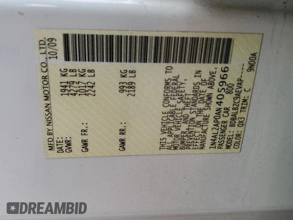 2010 Nissan Altima 2.5 S with VIN 1N4AL2AP0AN405966, listed as a Copart auction lot 50801305 with 51,495 mi miles and Salvage Title. Bid and sale history available at carsss.com. Image 12.