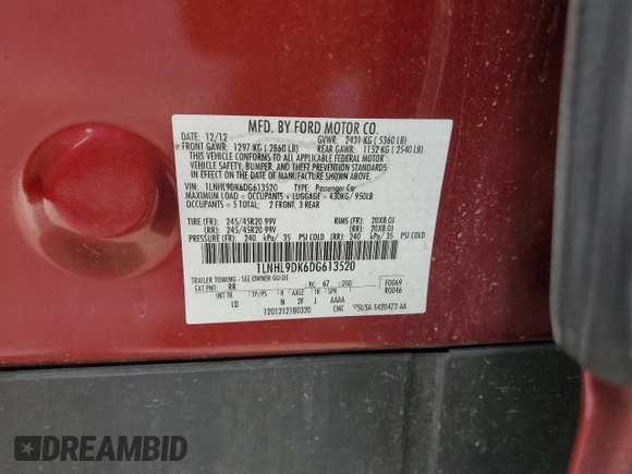2013 Lincoln MKS z VIN 1LNHL9DK6DG613520, wystawiony jako Copart lot #49176965 z przebiegiem 89 594 mil mil oraz Szkoda całkowita • Salvage title. Historia ofert i sprzedaży dostępna na DreamBid. Obrazek 13.