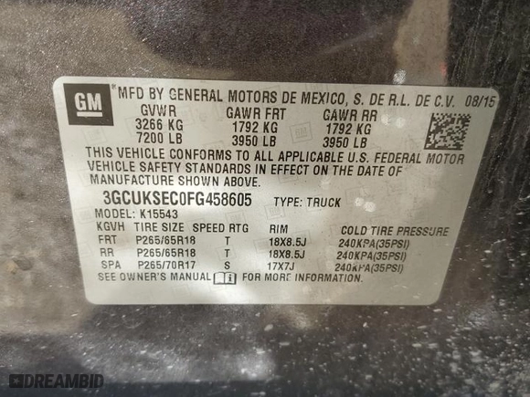 2015 Chevrolet Silverado 1500 LTZ with VIN 3GCUKSEC0FG458605, listed as a Copart auction lot 45424315 with 110,317 mi miles and Salvage Title. Bid and sale history available at carsss.com. Image 13.