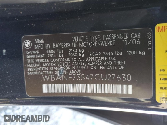 2007 BMW 5 Series 530xi with VIN WBANF73547CU27630, listed as a Copart auction lot 43837325 with Not Provided miles and Salvage Title. Bid and sale history available at carsss.com. Image 12.