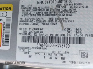2016 Ford Fusion SE with VIN 3FA6P0HD0GR298790, listed as a IAAI auction lot 42394183 with 180,570 mi miles and . Bid and sale history available at DreamBid. Image 9.