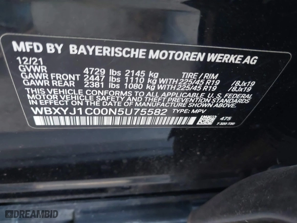 2022 BMW X2 xDrive28i with VIN WBXYJ1C00N5U75582, listed as a IAAI auction lot 41251978 with 44,851 mi miles. Bid and sale history available at carsss.com. Image 9.