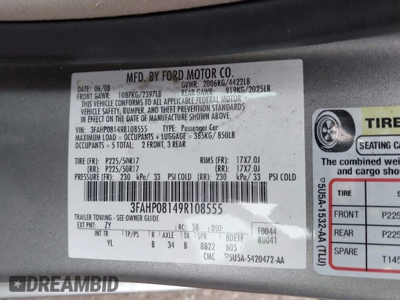 2009 Ford Fusion SEL with VIN 3FAHP08149R108555, listed as a IAAI auction lot 41927613 with 999,999 mi miles. Bid and sale history available at carsss.com. Image 9.