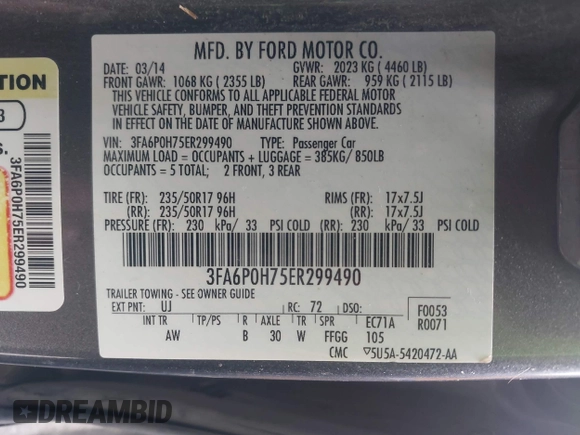 2014 Ford Fusion SE with VIN 3FA6P0H75ER299490, listed as a IAAI auction lot 42055604 with 134,078 mi miles. Bid and sale history available at carsss.com. Image 9.