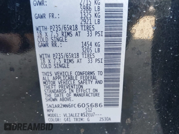 2015 Nissan Pathfinder Platinum with VIN 5N1AR2MN6FC605686, listed as a IAAI auction lot 42164761 with 120,569 mi miles and . Bid and sale history available at DreamBid. Image 9.