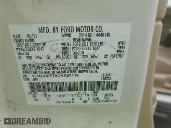 2012 Ford Escape Limited z VIN 1FMCU0E79CKA07119, wystawiony jako Copart lot #61087365 z przebiegiem 159 031 mil mil oraz Czysty tytuł • Clean title. Historia ofert i sprzedaży dostępna na DreamBid. Obrazek 12.