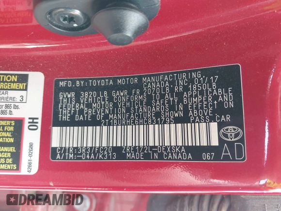2017 Toyota Corolla L with VIN 2T1BURHE6HC831795, listed as a IAAI auction lot 42561179 with 94,236 mi miles and . Bid and sale history available at DreamBid. Image 9.
