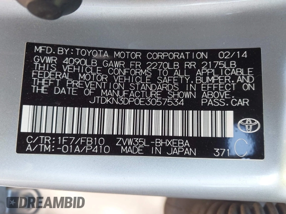 2014 Toyota Prius with VIN JTDKN3DP0E3057534, listed as a IAAI auction lot 42311962 with 109,737 mi miles and . Bid and sale history available at DreamBid. Image 9.