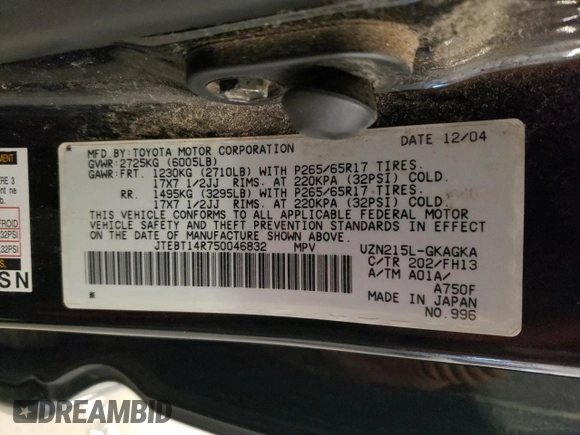 2005 Toyota 4Runner SR5 with VIN JTEBT14R750046832, listed as a Copart auction lot 54972485 with 400,650 mi miles and Clean Title. Bid and sale history available at DreamBid. Image 13.