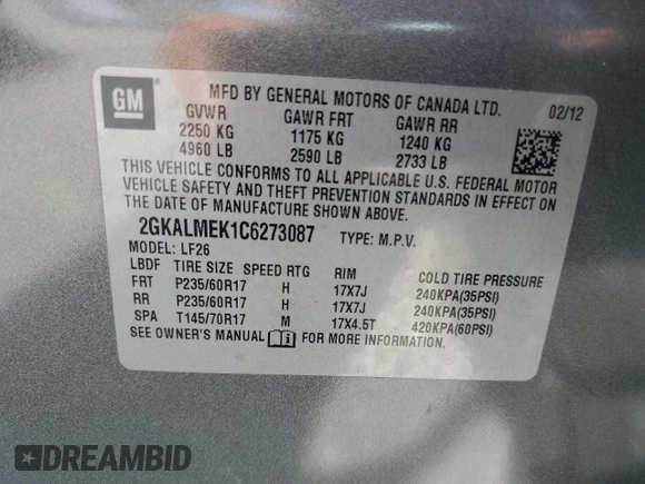 2012 GMC Terrain SLE-1 z VIN 2GKALMEK1C6273087, wystawiony jako Copart lot #63526275 z przebiegiem 242 026 mil mil oraz Czysty tytuł • Clean title. Historia ofert i sprzedaży dostępna na DreamBid. Obrazek 13.