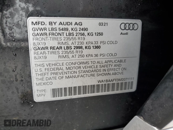 2021 Audi Q5 Premium Plus z VIN WA1BAAFY3M2071111, wystawiony jako Copart lot #53867725 z przebiegiem 43 416 mil mil oraz Szkoda całkowita • Salvage title. Historia ofert i sprzedaży dostępna na DreamBid. Obrazek 13.