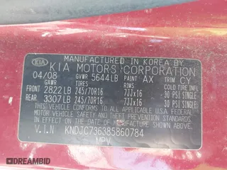 2008 Kia Sorento EX with VIN KNDJC736385860784, listed as a IAAI auction lot 41756912 with 115,103 mi miles. Bid and sale history available at carsss.com. Image 9.