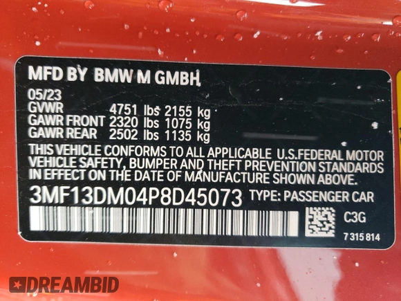 2023 BMW M2 z VIN 3MF13DM04P8D45073, wystawiony jako Copart lot #82048384 z przebiegiem 8 090 mil mil oraz Szkoda całkowita • Salvage title. Historia ofert i sprzedaży dostępna na DreamBid. Obrazek 13.