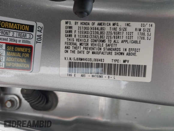 2014 Honda CR-V EX with VIN 5J6RM4H50EL068463, listed as a IAAI auction lot 42582559 with 109,302 mi miles and . Bid and sale history available at DreamBid. Image 9.