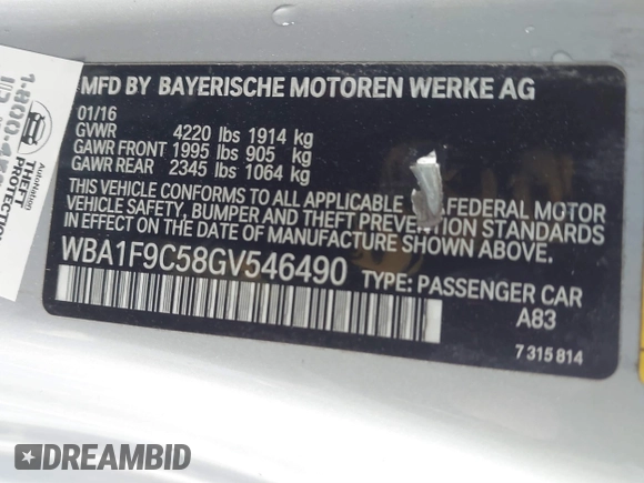 2016 BMW 2 Series 228i with VIN WBA1F9C58GV546490, listed as a IAAI auction lot 41811819 with 69,434 mi miles. Bid and sale history available at carsss.com. Image 9.